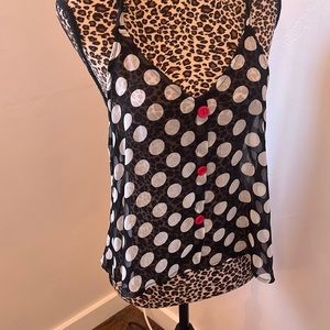 Sheer camisole in black w/ white polka dots& red buttons Double spaghetti straps